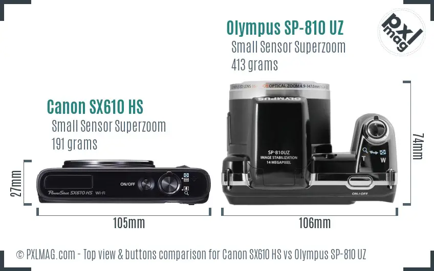 Canon SX610 HS vs Olympus SP-810 UZ top view buttons comparison