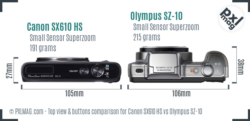 Canon SX610 HS vs Olympus SZ-10 top view buttons comparison