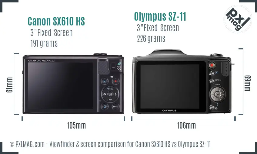 Canon SX610 HS vs Olympus SZ-11 Screen and Viewfinder comparison