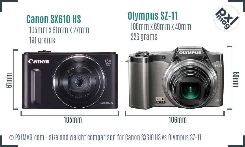 Canon SX610 HS vs Olympus SZ-11 size comparison