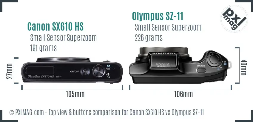 Canon SX610 HS vs Olympus SZ-11 top view buttons comparison