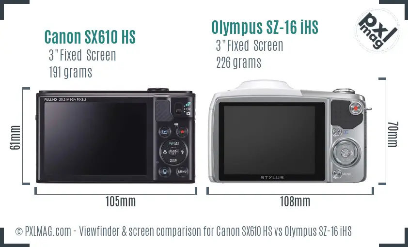 Canon SX610 HS vs Olympus SZ-16 iHS Screen and Viewfinder comparison