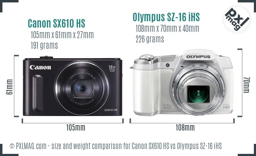 Canon SX610 HS vs Olympus SZ-16 iHS size comparison