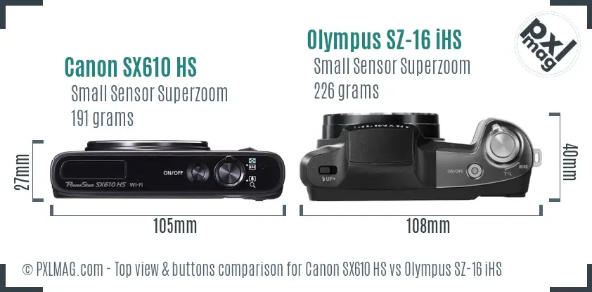 Canon SX610 HS vs Olympus SZ-16 iHS top view buttons comparison