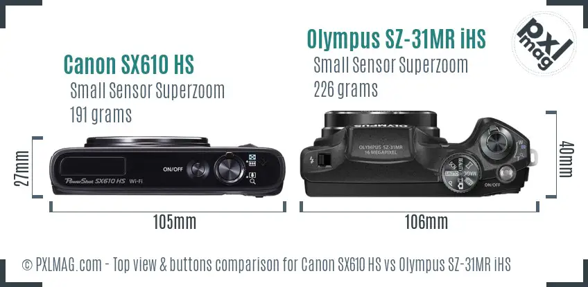 Canon SX610 HS vs Olympus SZ-31MR iHS top view buttons comparison Canon SX610 HS vs Olympus SZ-31MR iHS top view buttons comparison