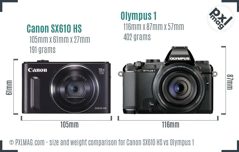 Canon SX610 HS vs Olympus 1 size comparison