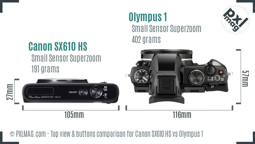 Canon SX610 HS vs Olympus 1 top view buttons comparison