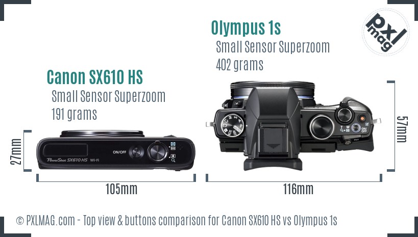 Canon SX610 HS vs Olympus 1s top view buttons comparison