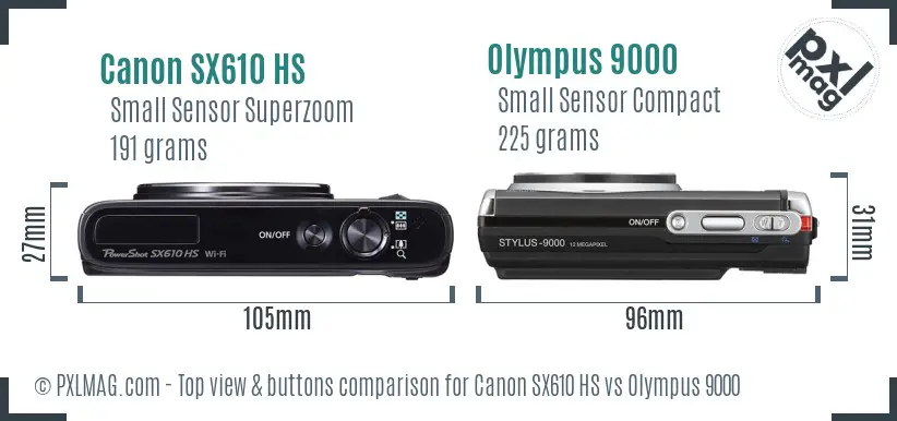 Canon SX610 HS vs Olympus 9000 top view buttons comparison