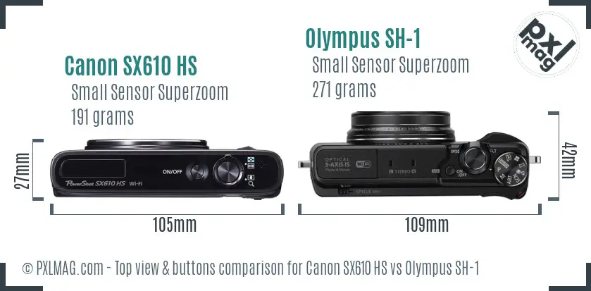 Canon SX610 HS vs Olympus SH-1 top view buttons comparison