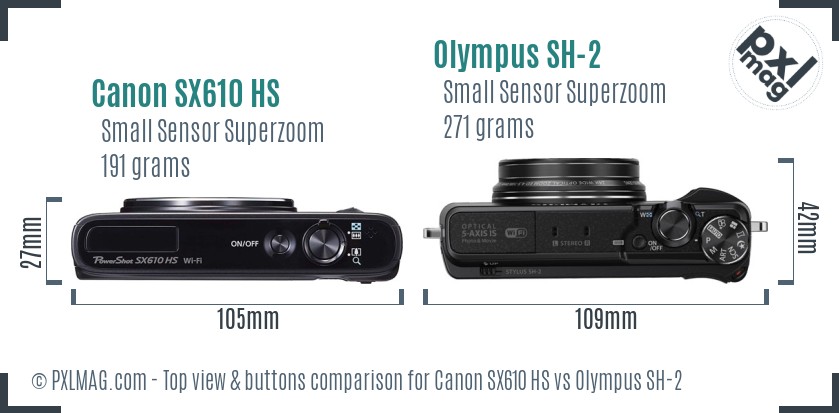 Canon SX610 HS vs Olympus SH-2 top view buttons comparison