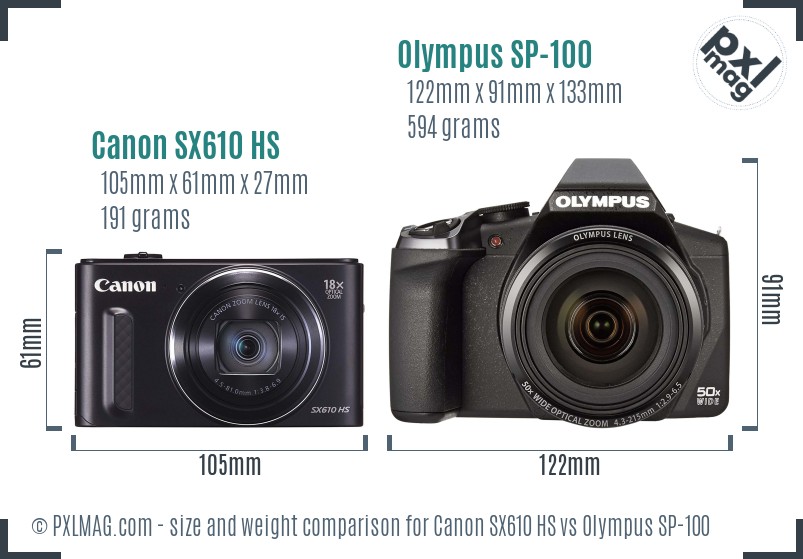 Canon SX610 HS vs Olympus SP-100 size comparison