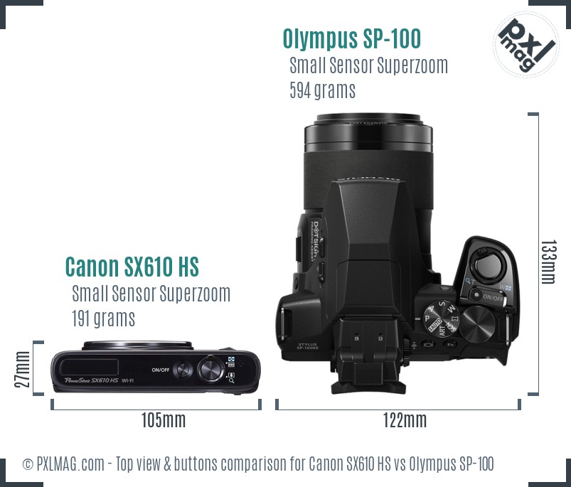Canon SX610 HS vs Olympus SP-100 top view buttons comparison