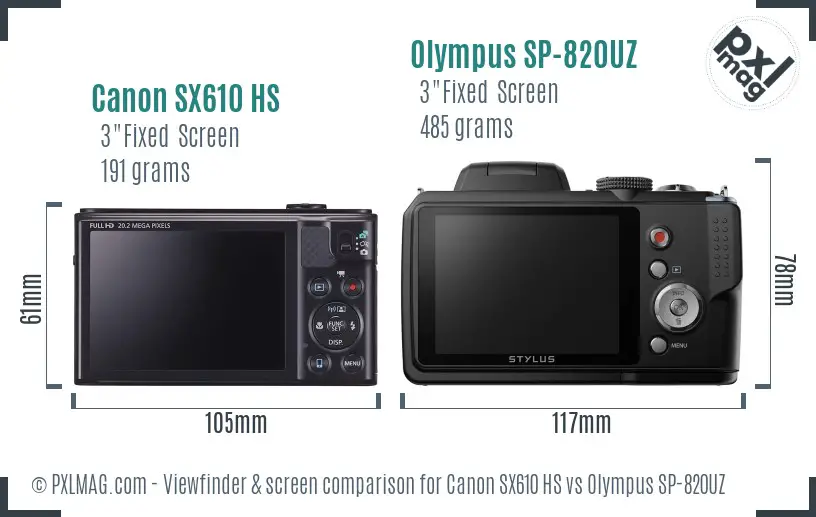 Canon SX610 HS vs Olympus SP-820UZ Screen and Viewfinder comparison