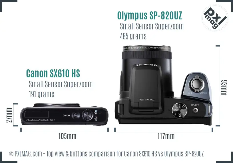 Canon SX610 HS vs Olympus SP-820UZ top view buttons comparison