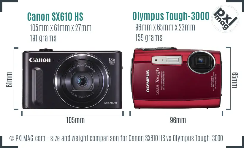 Canon SX610 HS vs Olympus Tough-3000 size comparison