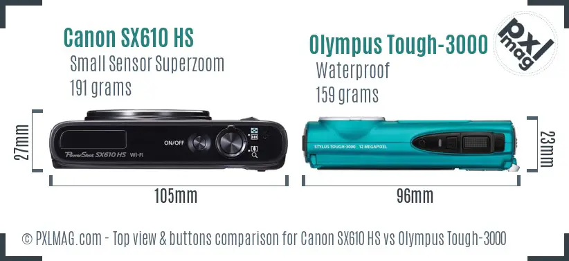 Canon SX610 HS vs Olympus Tough-3000 top view buttons comparison