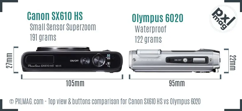Canon SX610 HS vs Olympus 6020 top view buttons comparison Canon SX610 HS vs Olympus 6020 top view buttons comparison