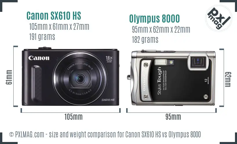 Canon SX610 HS vs Olympus 8000 size comparison