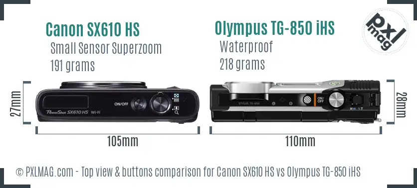 Canon SX610 HS vs Olympus TG-850 iHS top view buttons comparison