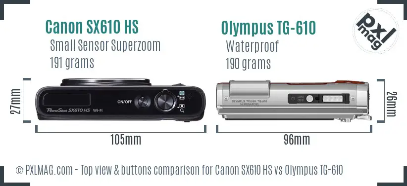 Canon SX610 HS vs Olympus TG-610 top view buttons comparison Canon SX610 HS vs Olympus TG-610 top view buttons comparison