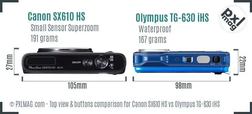 Canon SX610 HS vs Olympus TG-630 iHS top view buttons comparison Canon SX610 HS vs Olympus TG-630 iHS top view buttons comparison