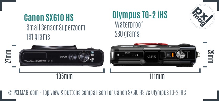 Canon SX610 HS vs Olympus TG-2 iHS top view buttons comparison