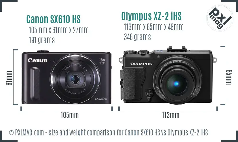 Canon SX610 HS vs Olympus XZ-2 iHS size comparison