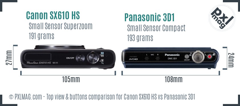 Canon SX610 HS vs Panasonic 3D1 top view buttons comparison