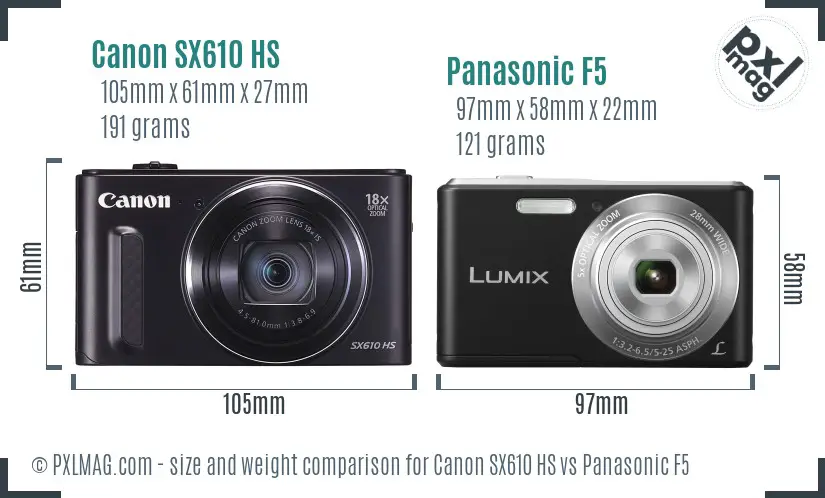 Canon SX610 HS vs Panasonic F5 size comparison