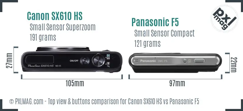 Canon SX610 HS vs Panasonic F5 top view buttons comparison