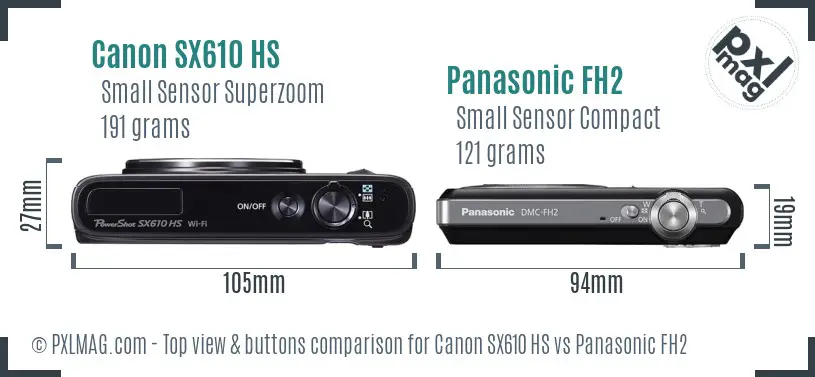 Canon SX610 HS vs Panasonic FH2 top view buttons comparison Canon SX610 HS vs Panasonic FH2 top view buttons comparison