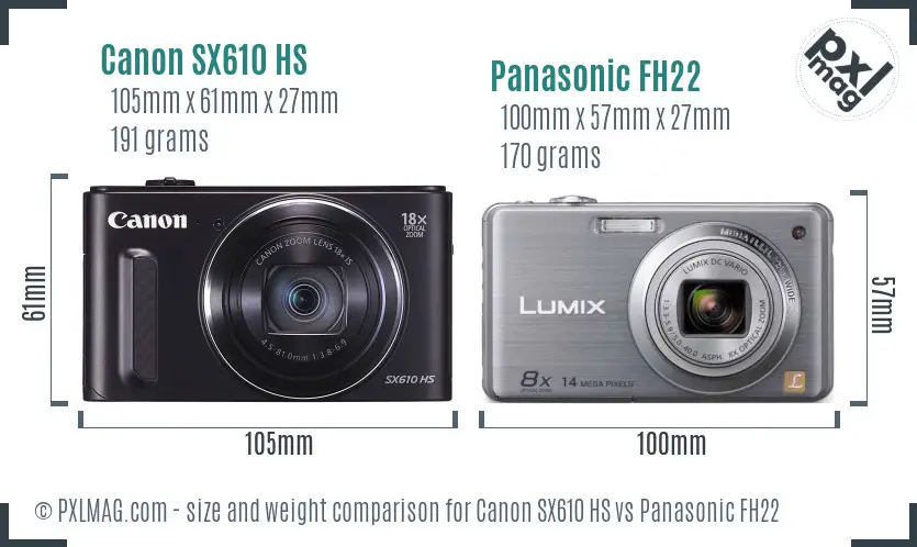 Canon SX610 HS vs Panasonic FH22 size comparison