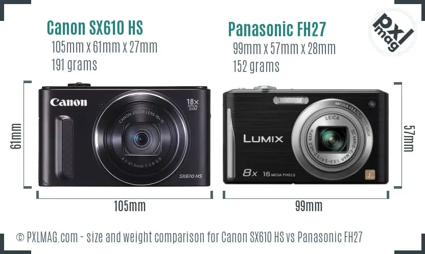 Canon SX610 HS vs Panasonic FH27 size comparison