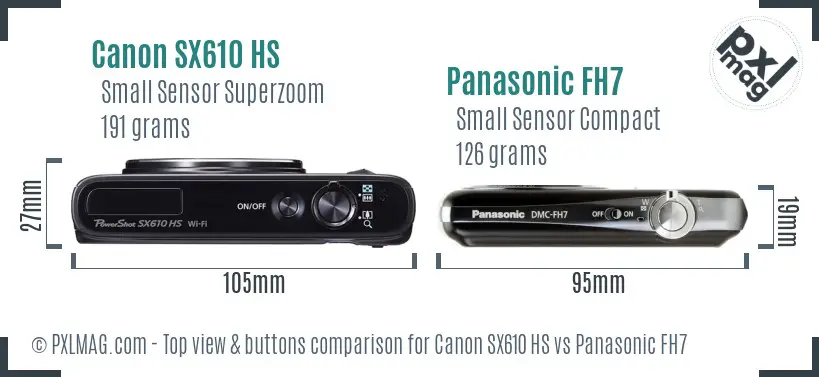 Canon SX610 HS vs Panasonic FH7 top view buttons comparison