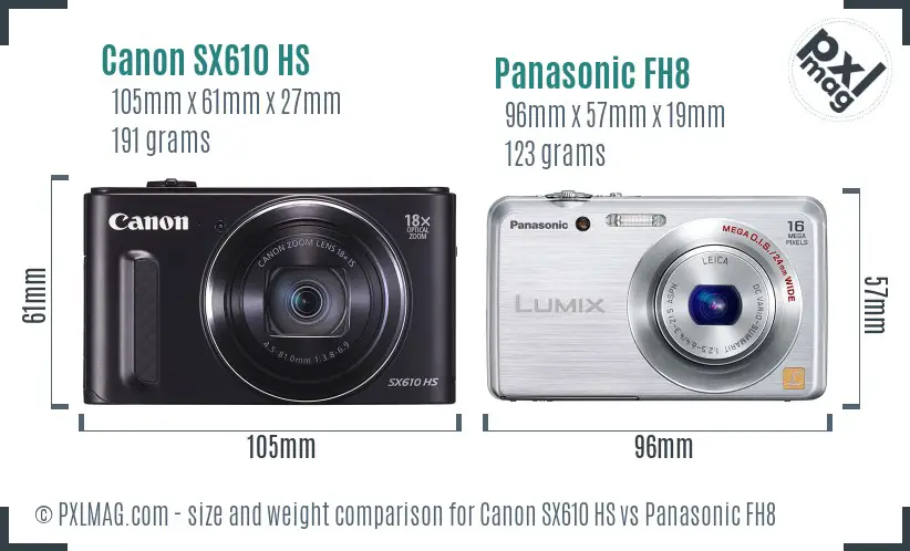 Canon SX610 HS vs Panasonic FH8 size comparison