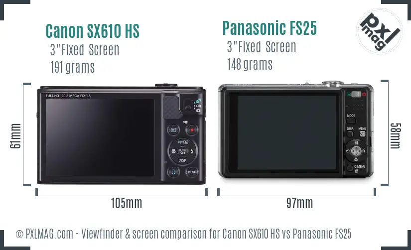 Canon SX610 HS vs Panasonic FS25 Screen and Viewfinder comparison