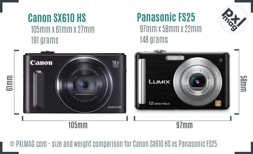 Canon SX610 HS vs Panasonic FS25 size comparison