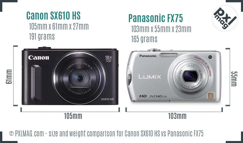 Canon SX610 HS vs Panasonic FX75 size comparison