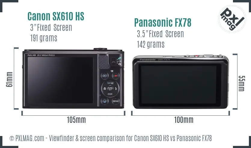 Canon SX610 HS vs Panasonic FX78 Screen and Viewfinder comparison