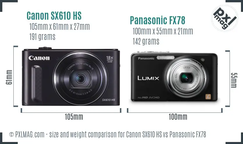 Canon SX610 HS vs Panasonic FX78 size comparison