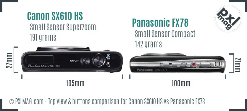 Canon SX610 HS vs Panasonic FX78 top view buttons comparison