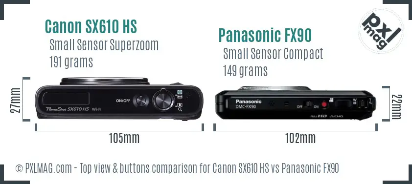 Canon SX610 HS vs Panasonic FX90 top view buttons comparison