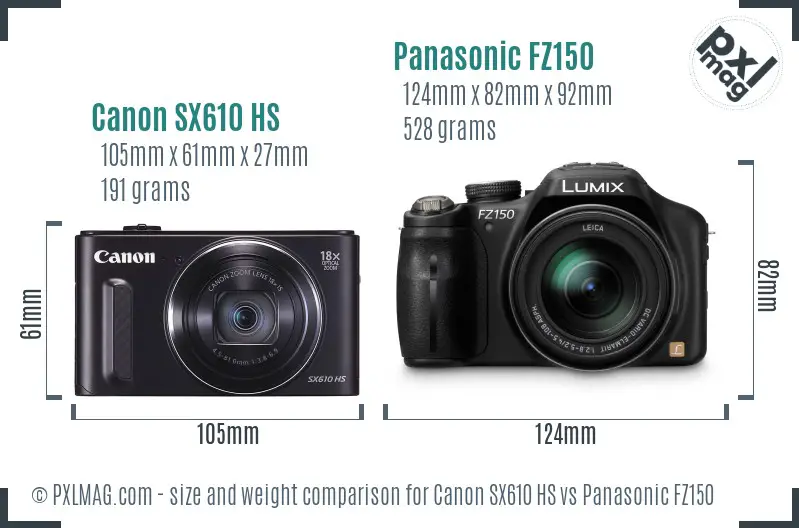 Canon SX610 HS vs Panasonic FZ150 size comparison