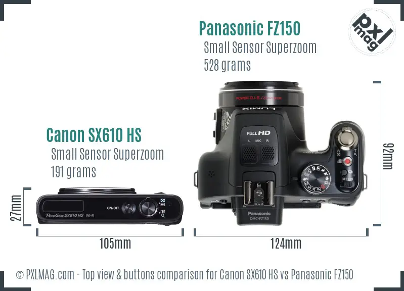 Canon SX610 HS vs Panasonic FZ150 top view buttons comparison