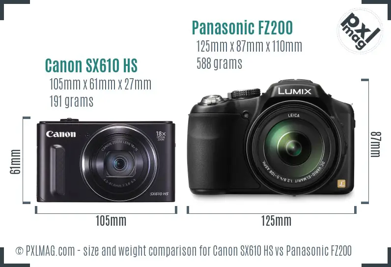 Canon SX610 HS vs Panasonic FZ200 size comparison