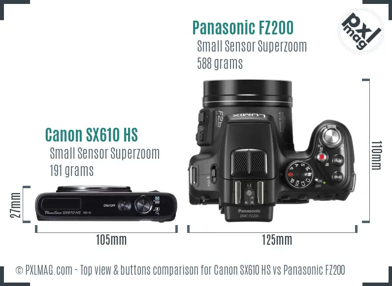 Canon SX610 HS vs Panasonic FZ200 top view buttons comparison
