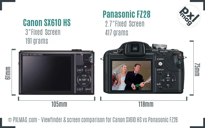Canon SX610 HS vs Panasonic FZ28 Screen and Viewfinder comparison