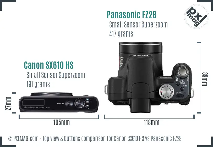 Canon SX610 HS vs Panasonic FZ28 top view buttons comparison