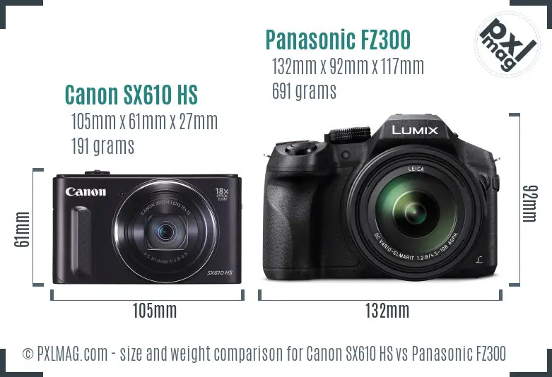 Canon SX610 HS vs Panasonic FZ300 size comparison